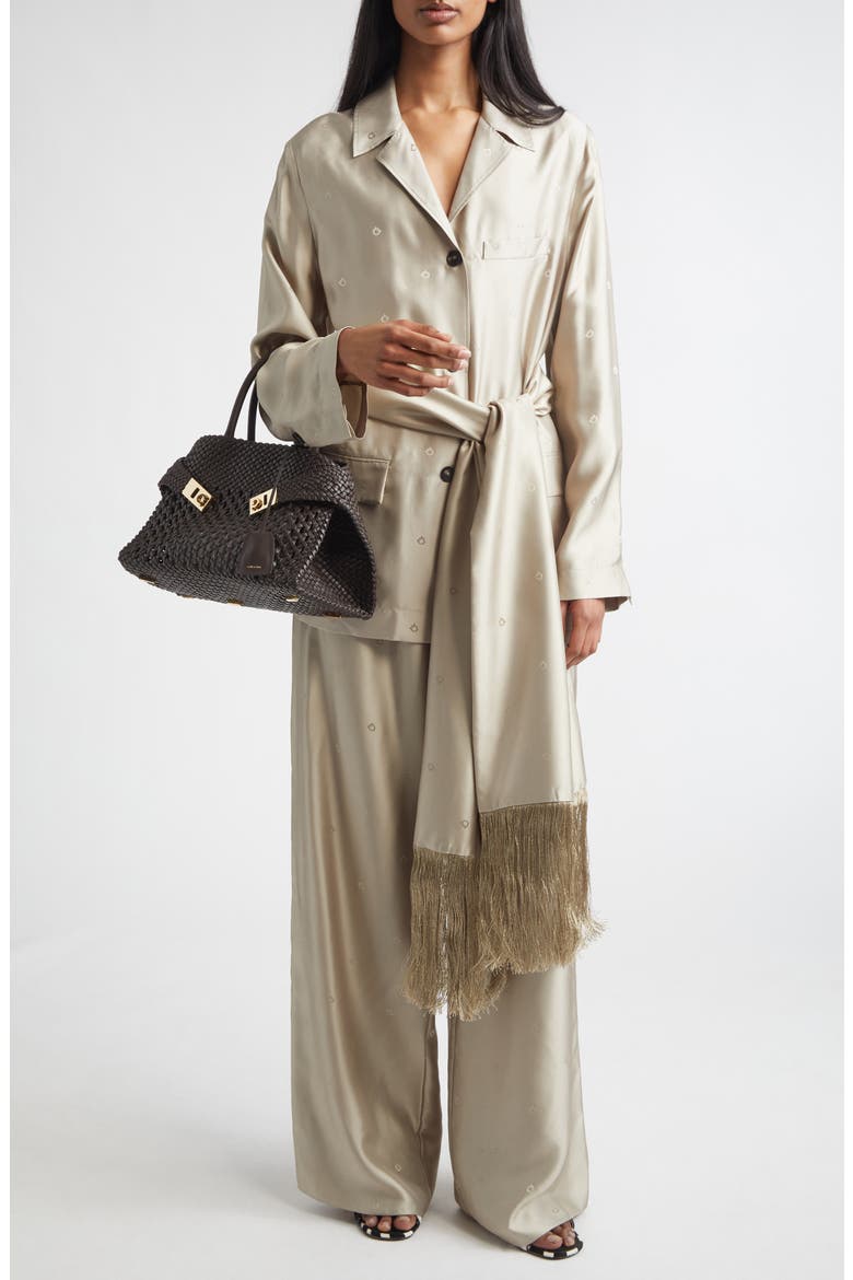 Gancini Jacquard Silk Jacket with Fringe Sash, Alternate, color, SAFARI