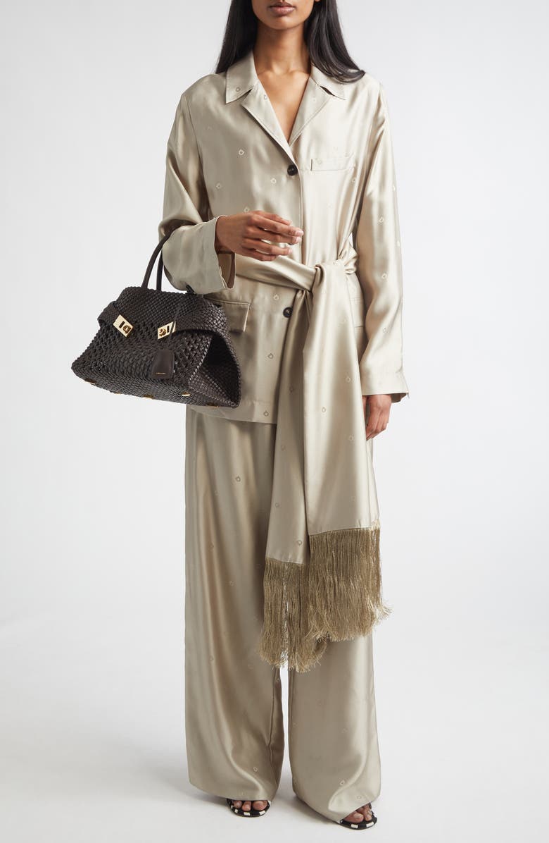 FERRAGAMO Gancini Jacquard Silk Jacket with Fringe Sash, Alternate, color, Safari