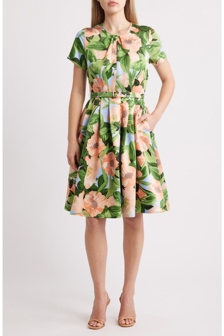Pleat Neck Belted Fit & Flare Dress, Main, color, PEACH MAGNOLIA