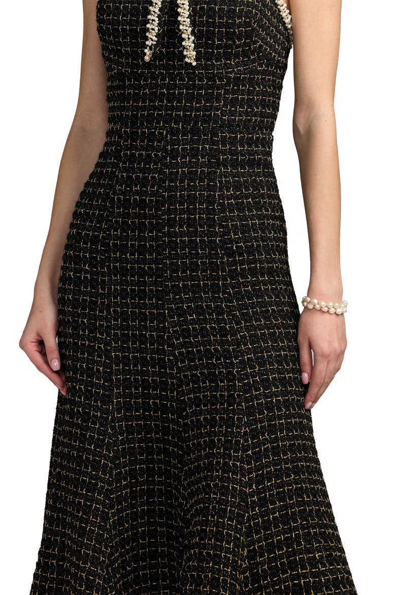 Pearl Trim Boucle Midi Dress, Alternate, color, Black Gold