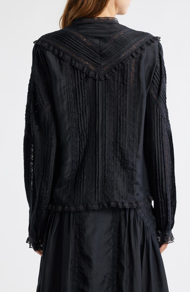 LoveShackFancy Aralina Lace & Ruffle Silk Shirt, Alternate, color, Black