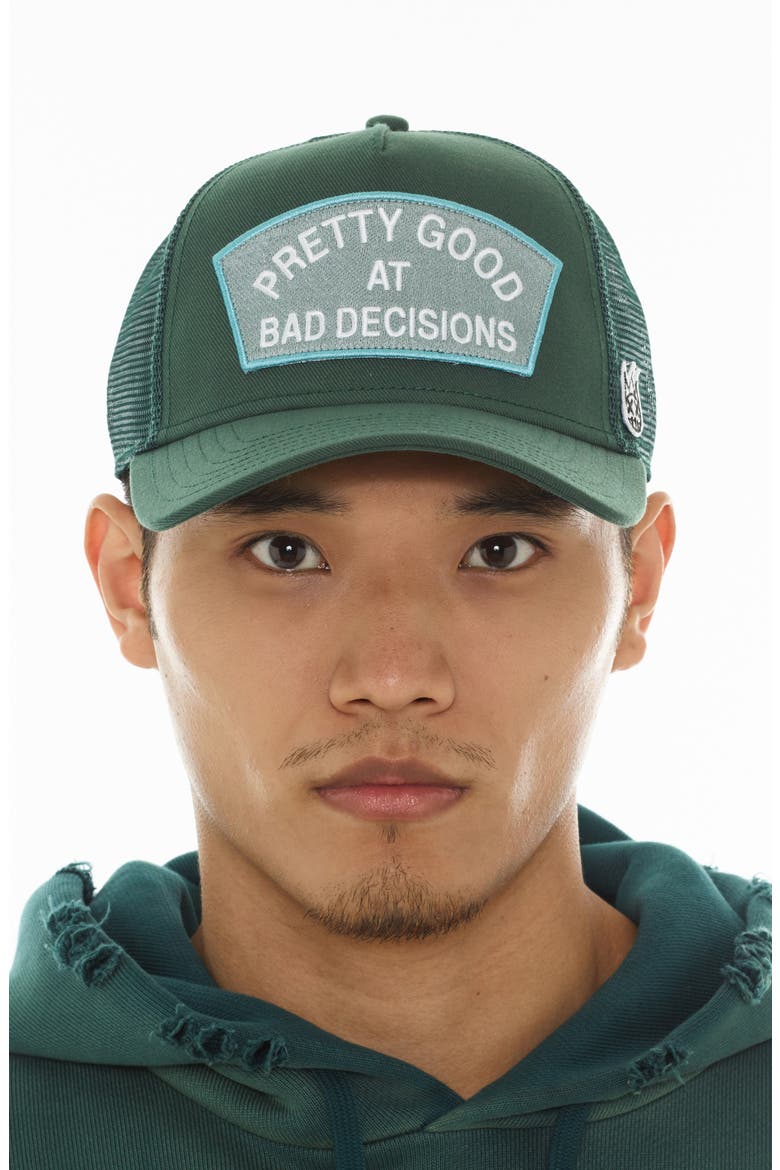 Good at Bad Decisions Trucker Hat, Alternate, color, BAYBERRY