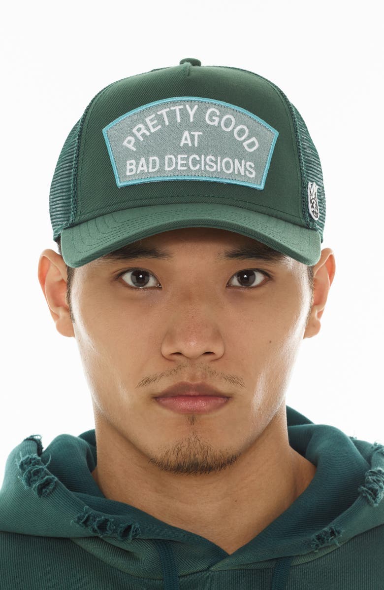 Cult of Individuality Good at Bad Decisions Trucker Hat, Alternate, color, Bayberry