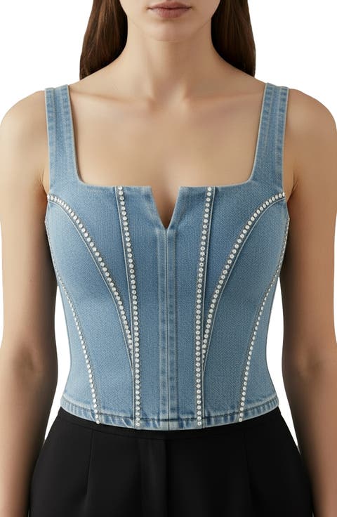 The Corset Rhinestone Embellished Denim Tank