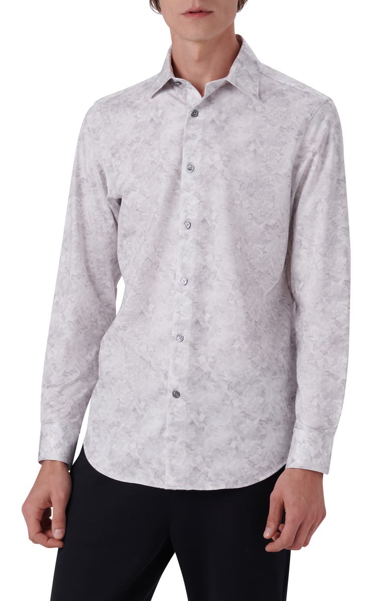 Bugatchi OoohCotton<sup>®</sup> Leaf Print Button-Up Shirt, Main, color, Platinum