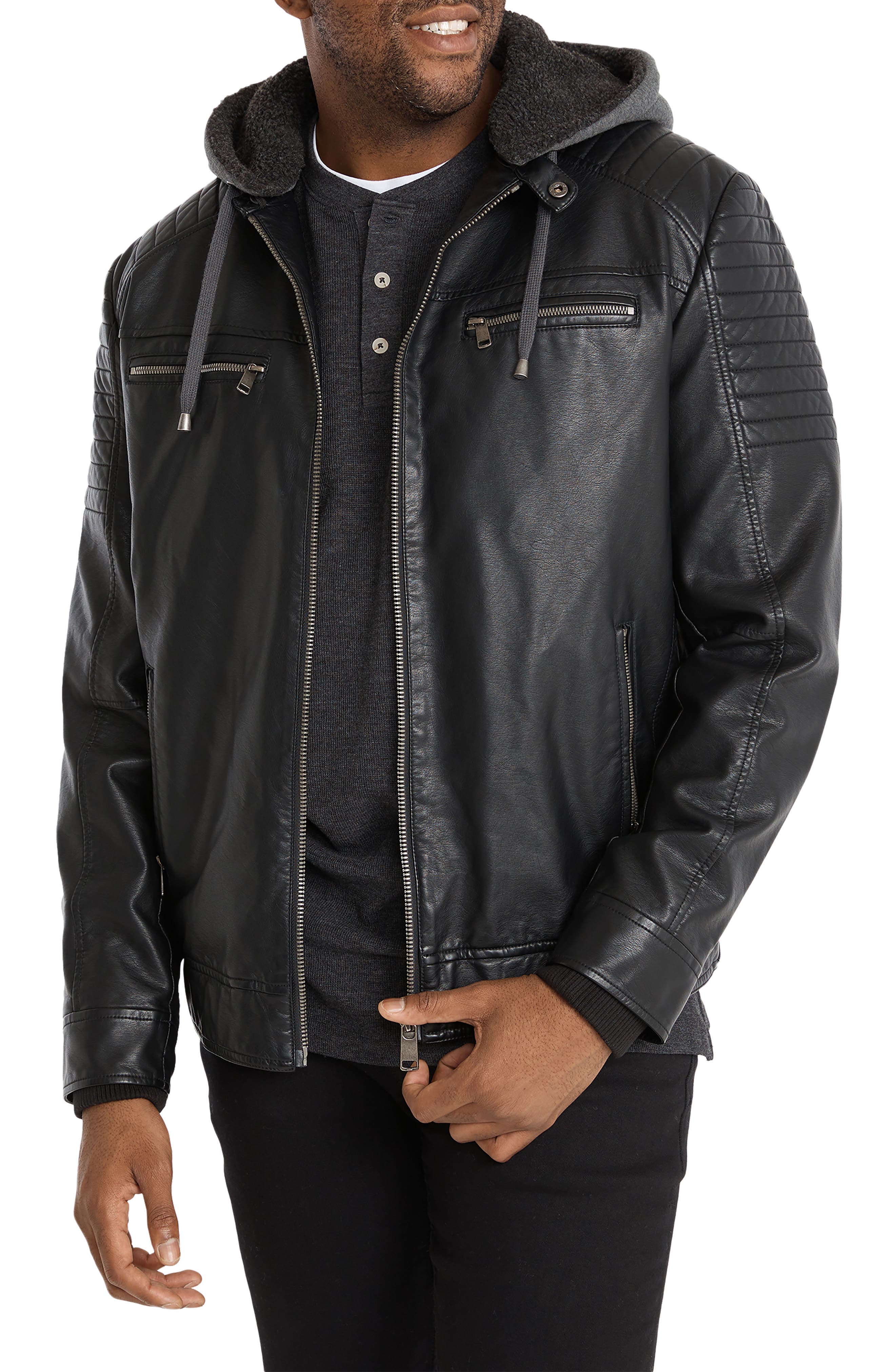 Johnny Bigg Dane Faux Leather Biker Jacket with Removable Hood in Black 