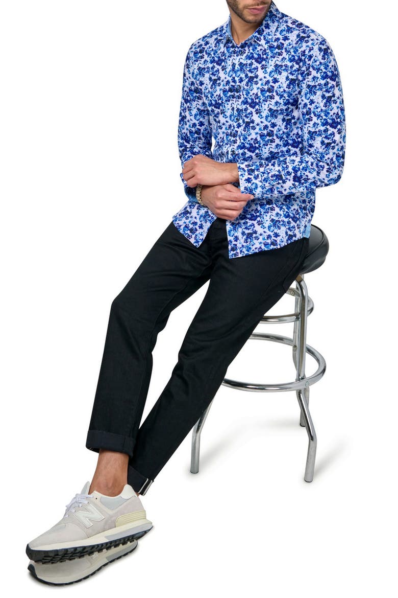 Slim Fit Watercolor Floral 4-Way Stretch Performance Long Sleeve Shirt, Alternate, color, BLUE