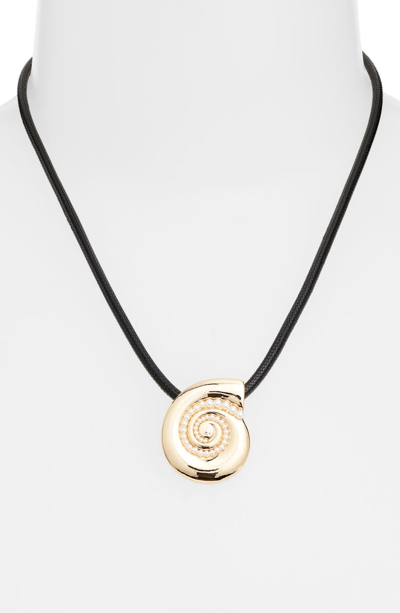 Open Edit Micro Faux Pearl Shell Cord Pendant Necklace, Alternate, color, Black- White- Gold