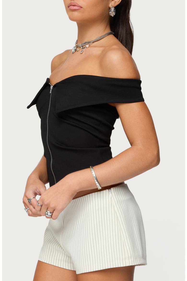 Foldover Off the Shoulder Zip-Up Top, Alternate, color, BLACK