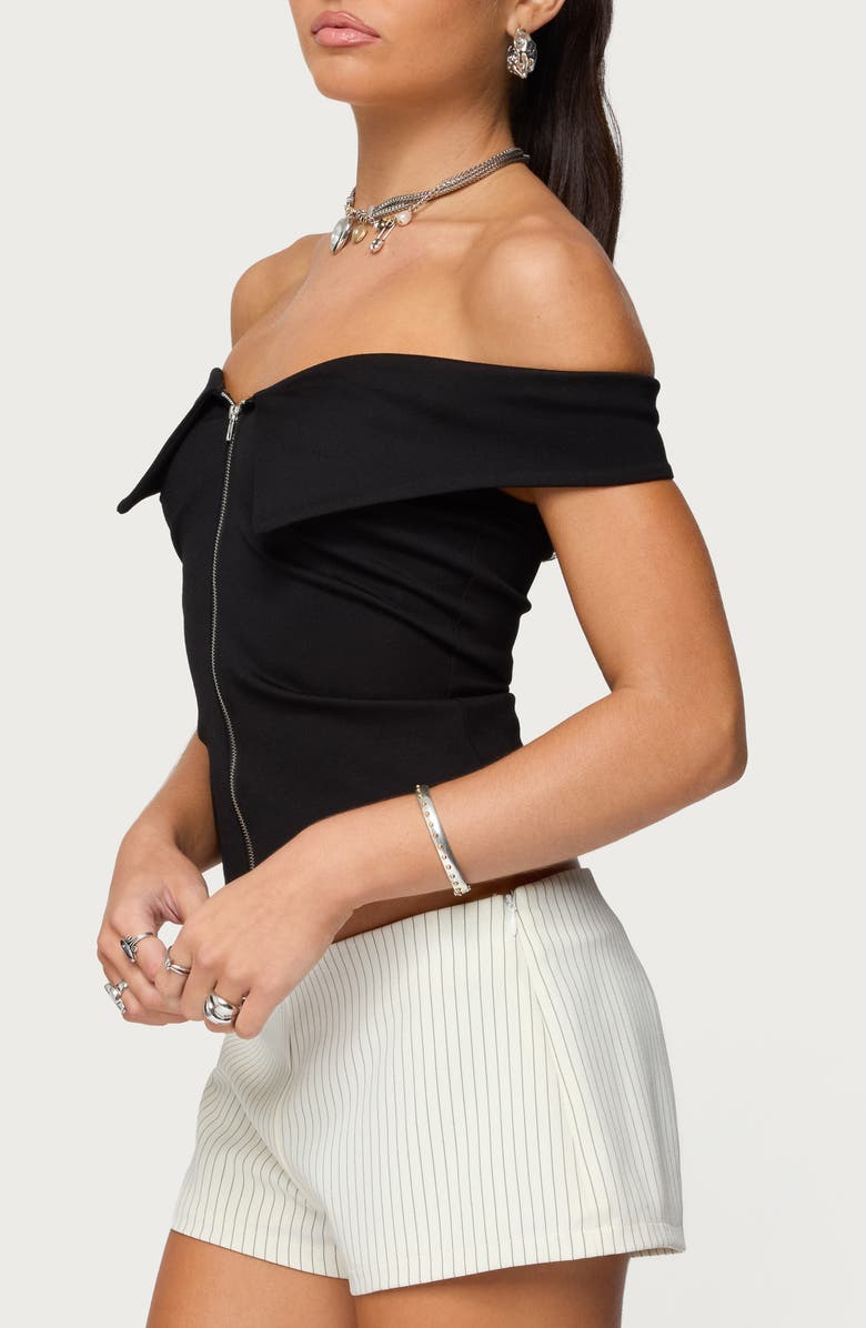 EDIKTED Foldover Off the Shoulder Zip-Up Top, Alternate, color, Black