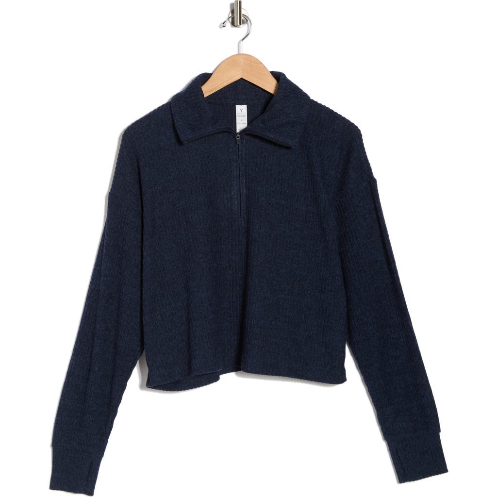 90 Degree By Reflex Brooklyn Rebel Rib Knit Half Zip Sweatshirt In Blue