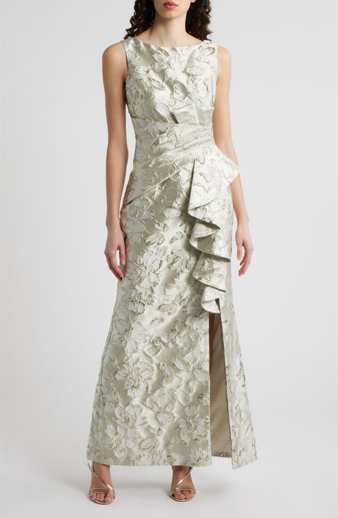 Metallic Floral Jacquard Ruffle Detail Gown