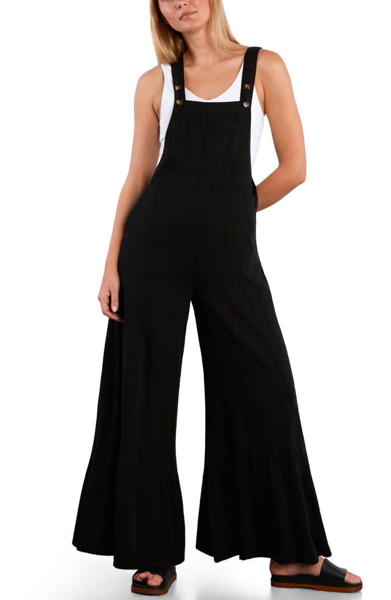 Billy T Butterfly Ruffle Leg Cotton Blend Overalls, Alternate, color, Caviar