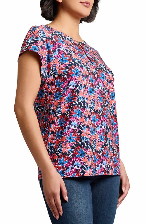 Jones New York Floral Print Keyhole Crepe Top In Coral Sun Multi