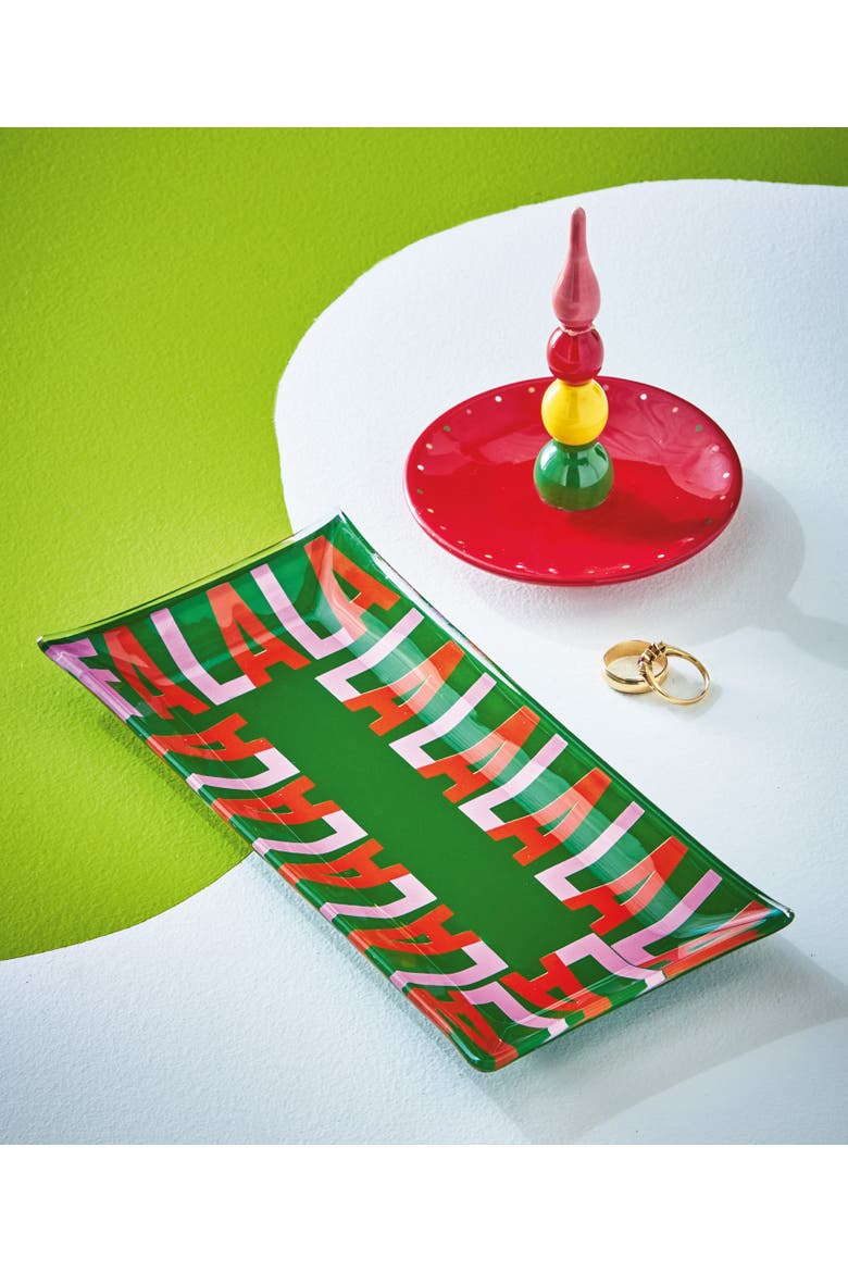 Christmas Fa La La Glass Trinket Tray Green Multi 9x4.33x0.8 in, Alternate, color, Green