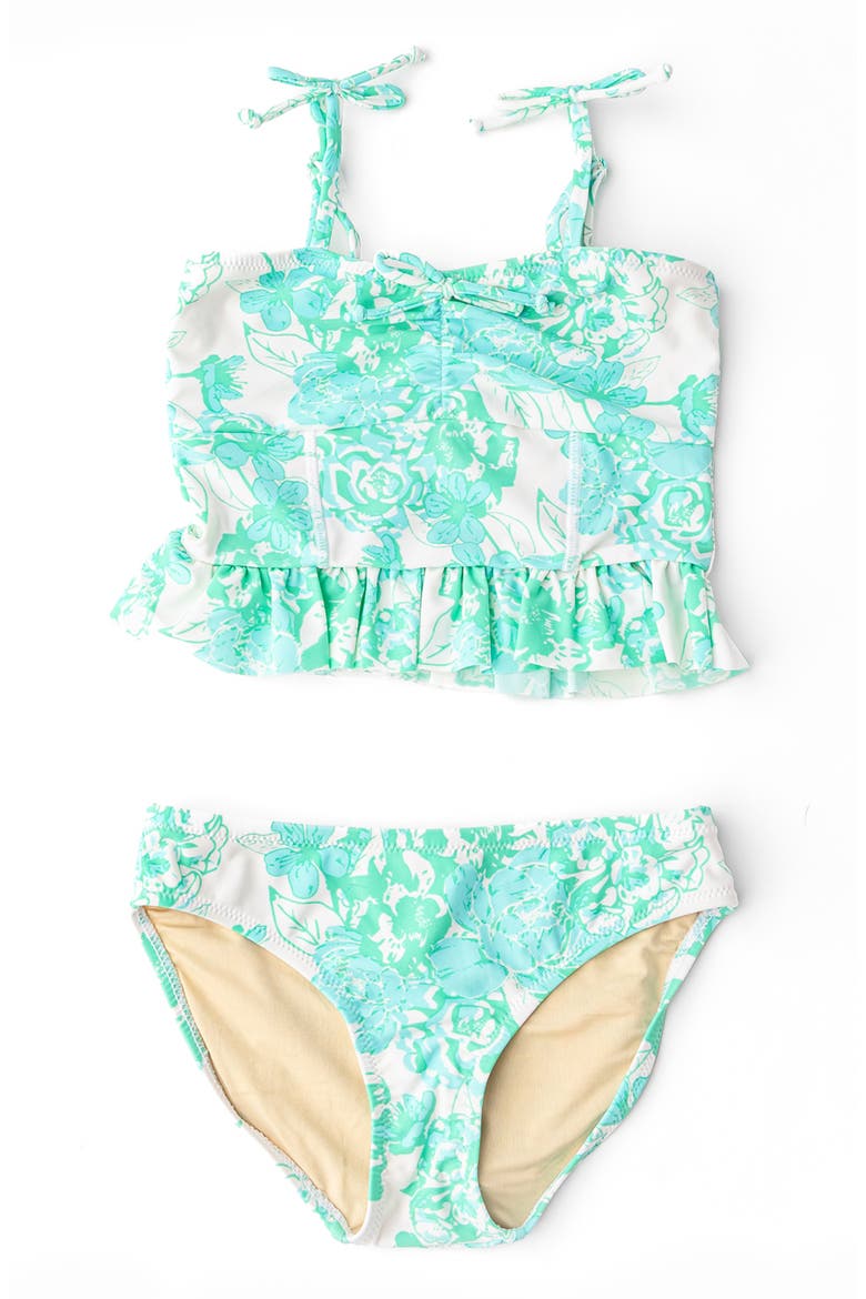 Kids' Charming Rose Ruched Two-Piece Swimsuit, Main, color, GREEN