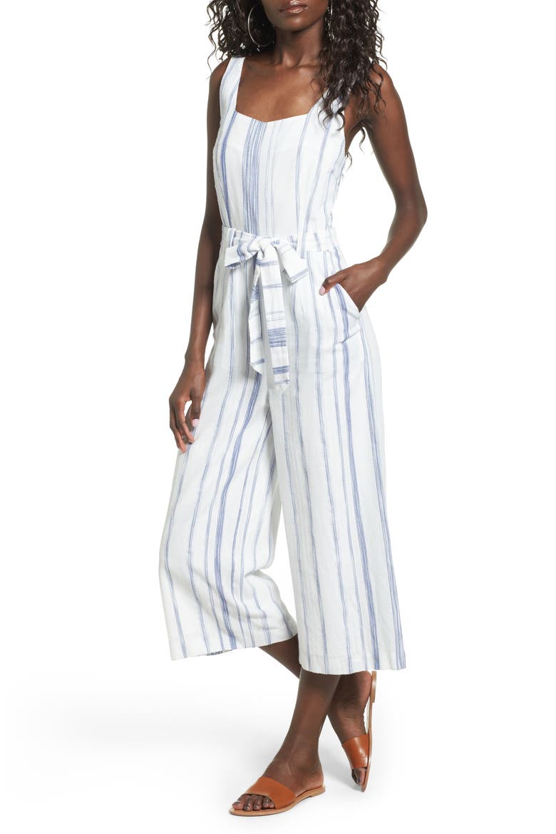 Crop Stripe Cotton Jumpsuit, Main, color, NAVY/ WHITE