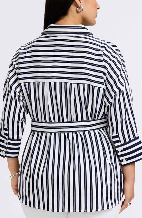 Foxcroft Avery Stripe Tie Waist Shirt In Navy/white