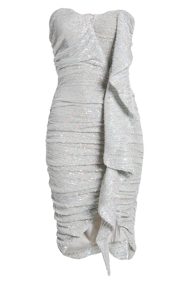 Ruched Sequin Ruffle Dress, Alternate, color, SILVER