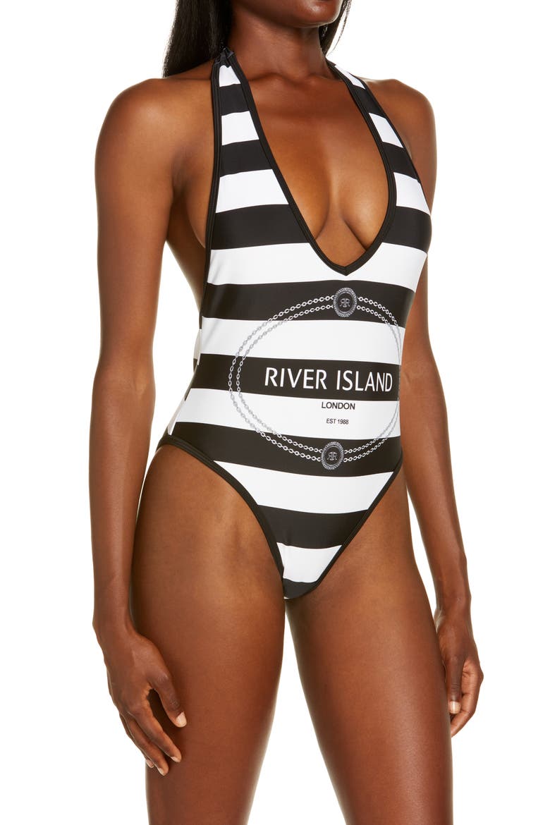 Halter Stripe Logo One-Piece Swimsuit, Alternate, color, BLACK