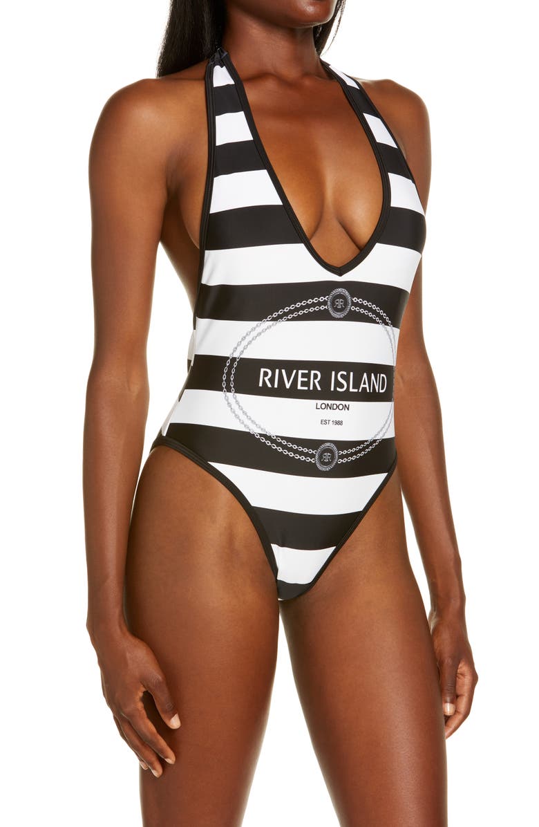 River Island Halter Stripe Logo One-Piece Swimsuit, Alternate, color,