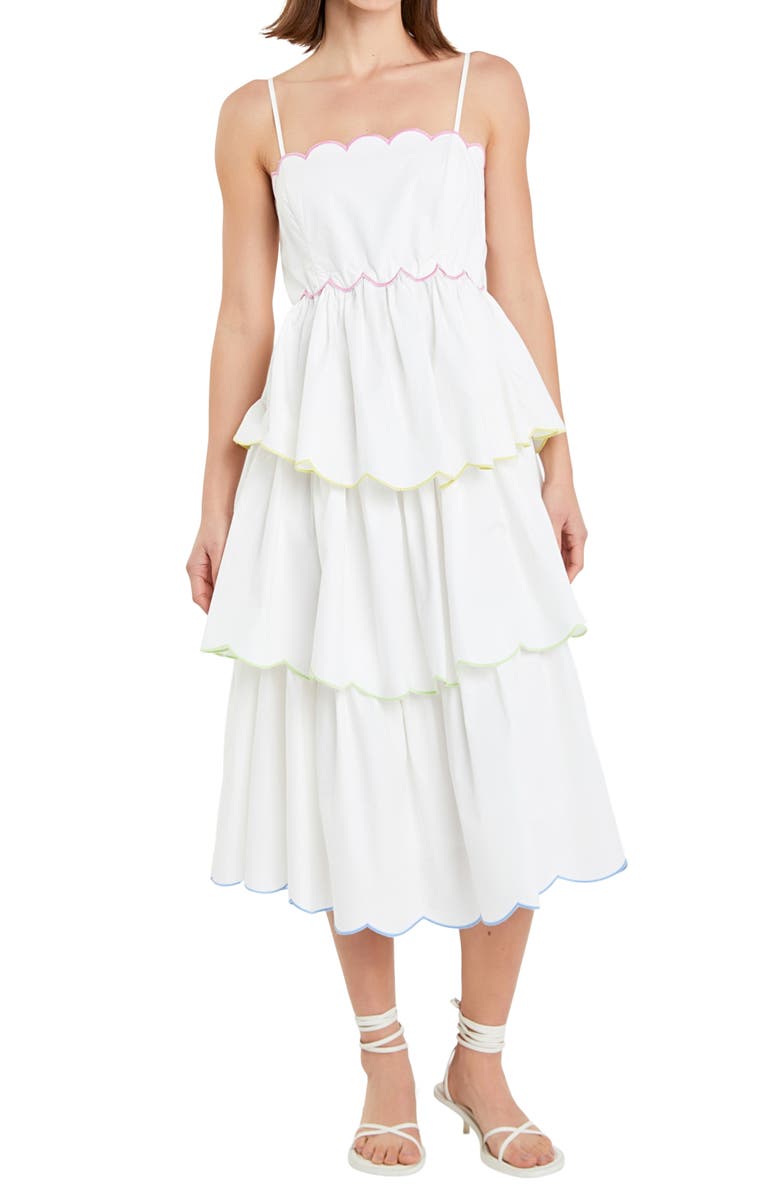 English Factory Scallop Sleeveless Sundress, Alternate, color, White