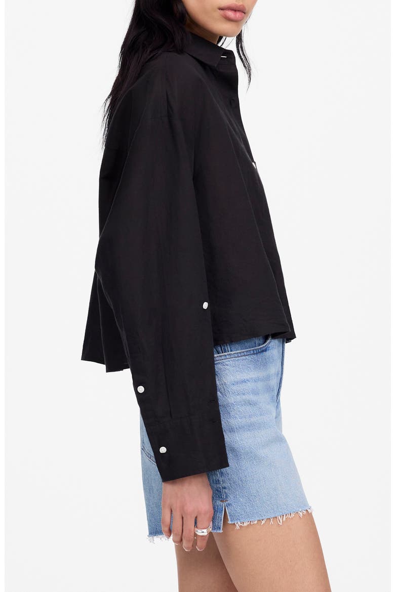Straight Hem Crop Linen & Cotton Button-Up Shirt, Alternate, color, JET BLACK