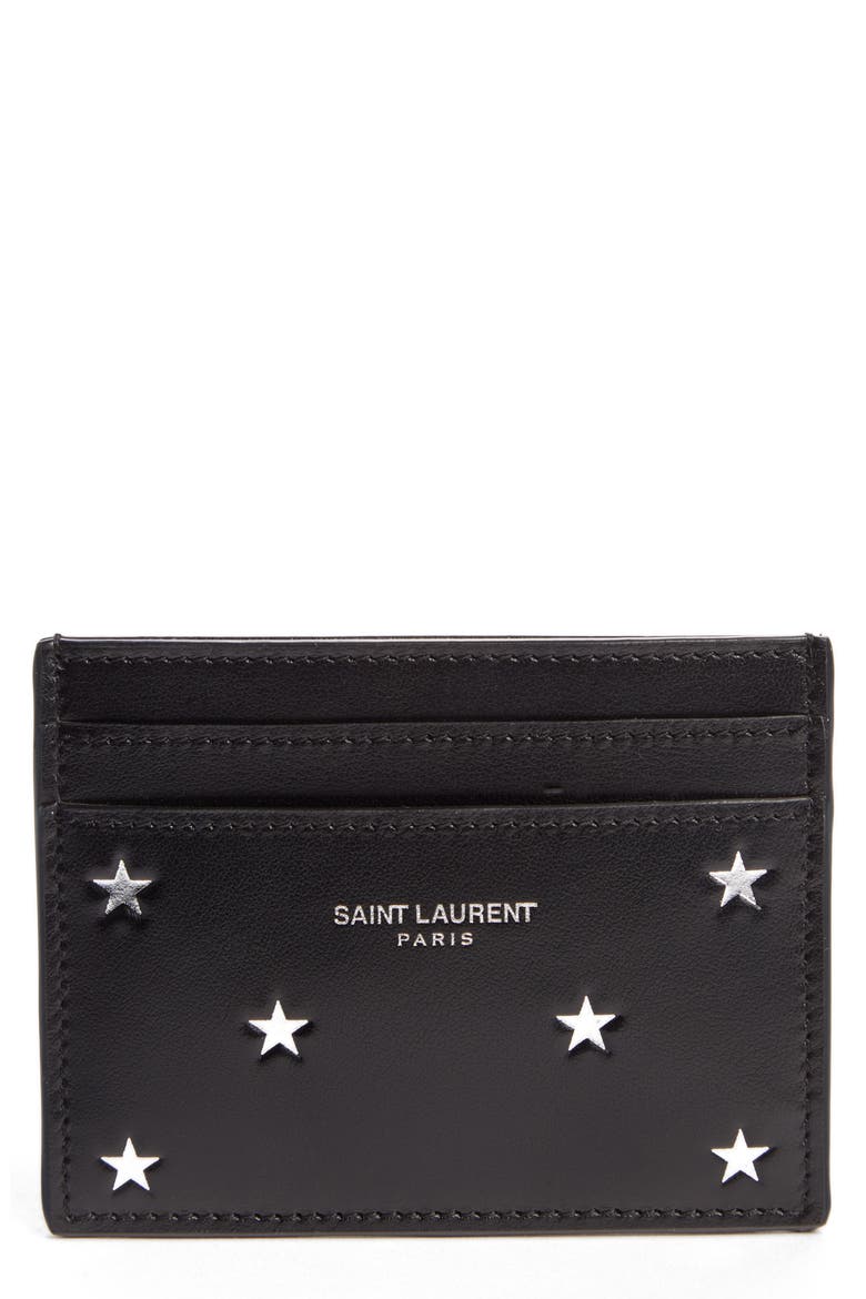 Star Embossed Leather Credit Card Holder, Main, color, BLACK