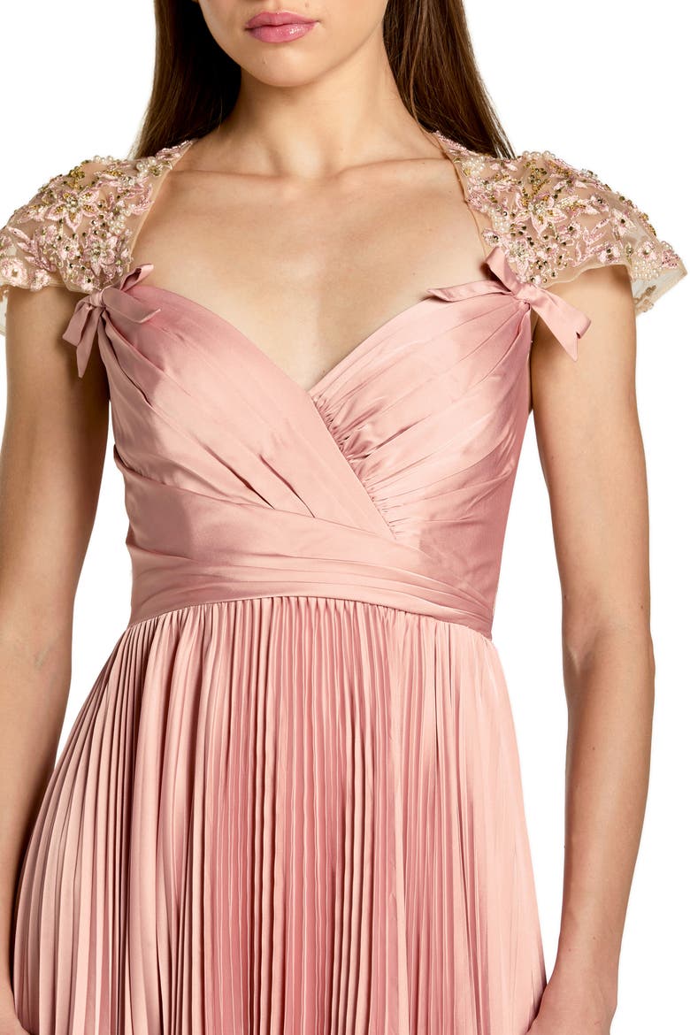 Pleated Charmeuse Embellished Cap Sleeve Gown, Alternate, color, Rose