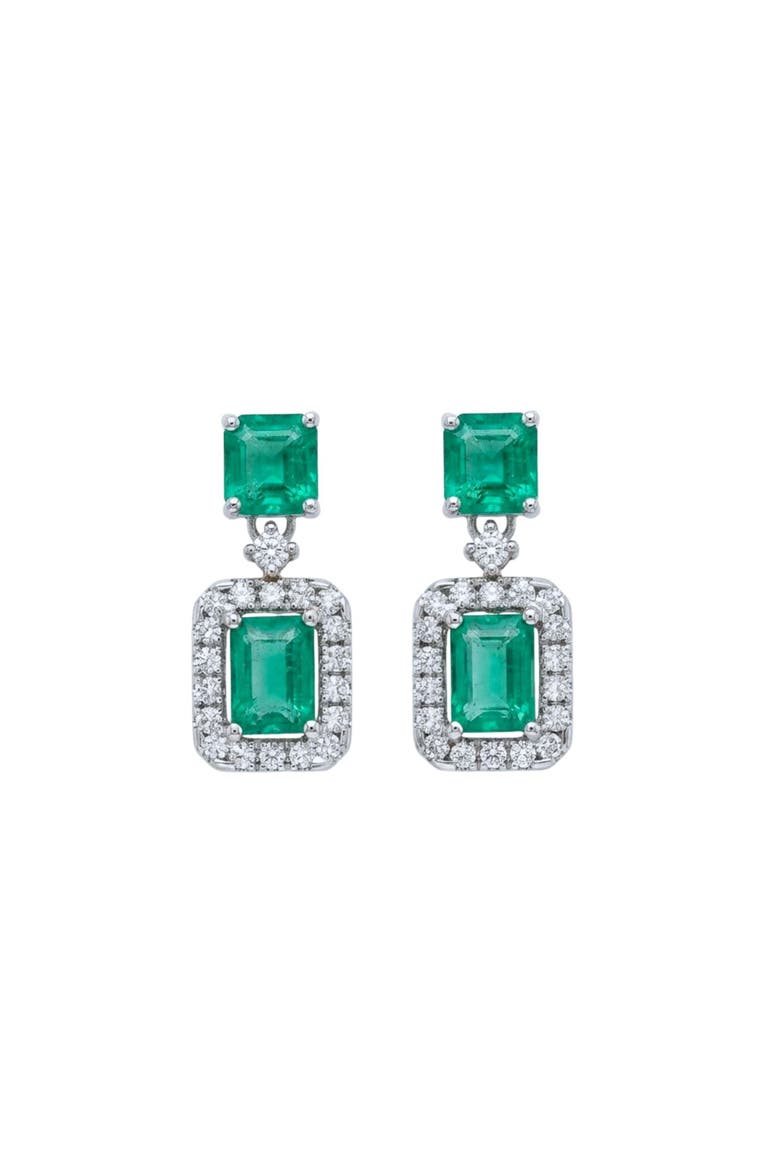 Emerald Cut Emerald & Diamond Halo Drop Earrings, Main, color, Green