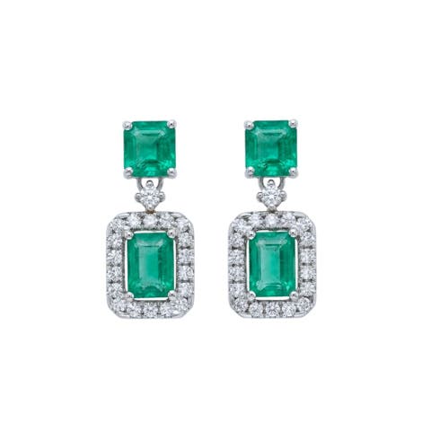 Emerald Cut Emerald & Diamond Halo Drop Earrings