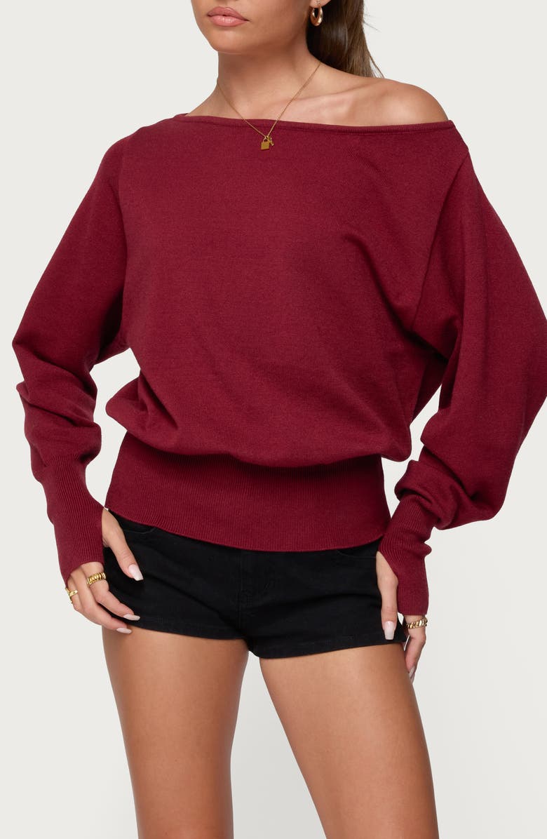 EDIKTED Oversize Off the Shoulder Sweater, Main, color, Burgundy
