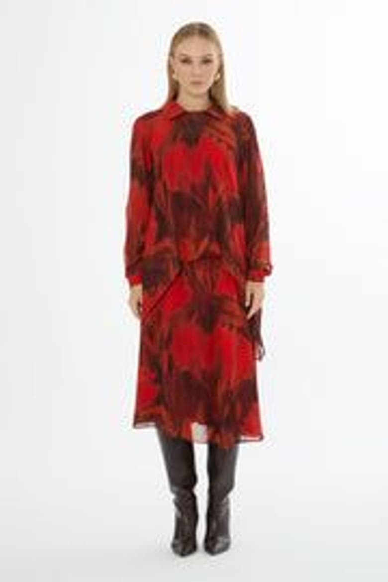 Collared Patterned Relaxed-Fit Blouse with Inner Camisole, Alternate, color, Red