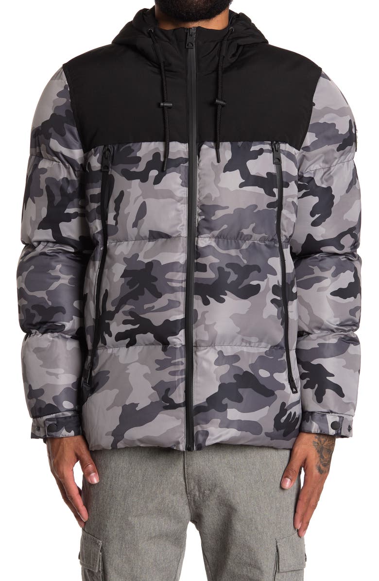GUESS Camo Print Hooded Puffer Jacket, Alternate, color,