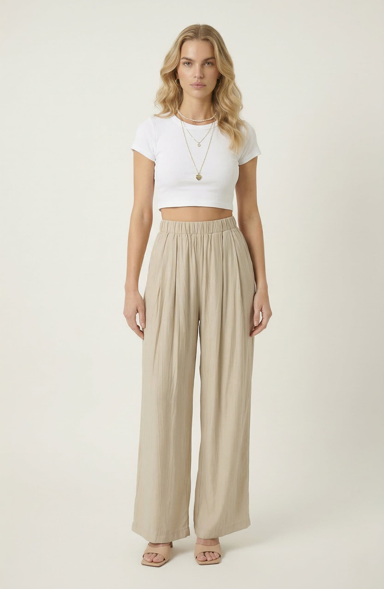Modenaire Elastic Waist Flowing Wide Leg Pants, Alternate, color, Beige