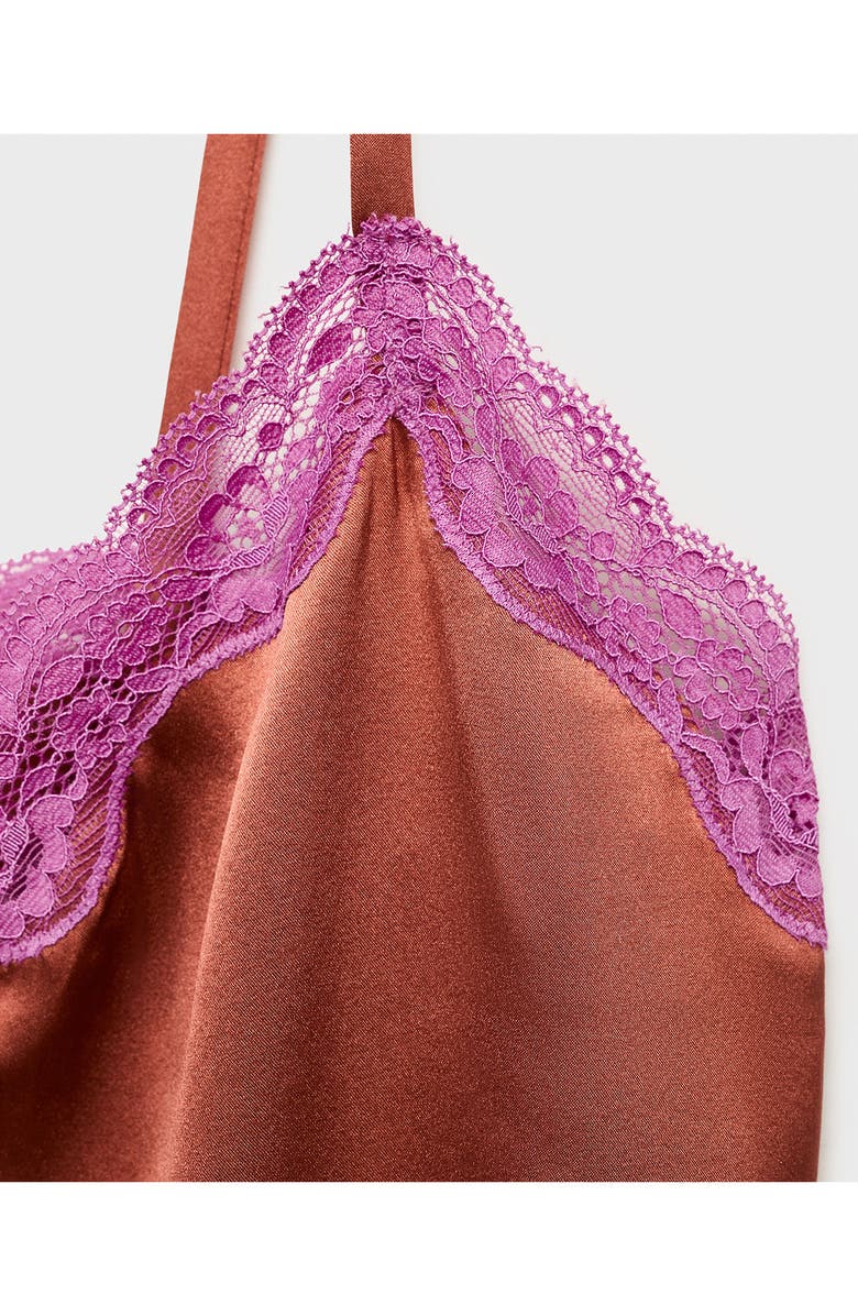 MANGO Contrast Lace Silk Camisole, Alternate, color, Brown