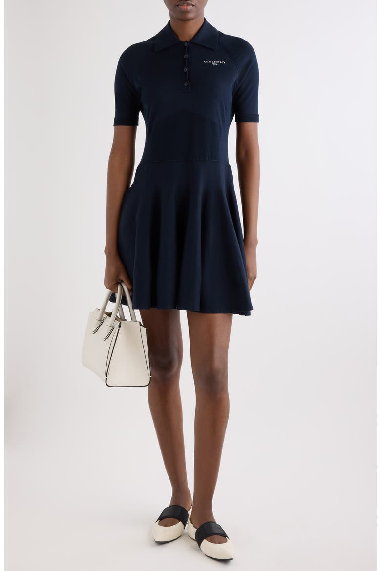 Embroidered Logo Cotton & Silk Blend A-Line Polo Dress, Alternate, color, NAVY
