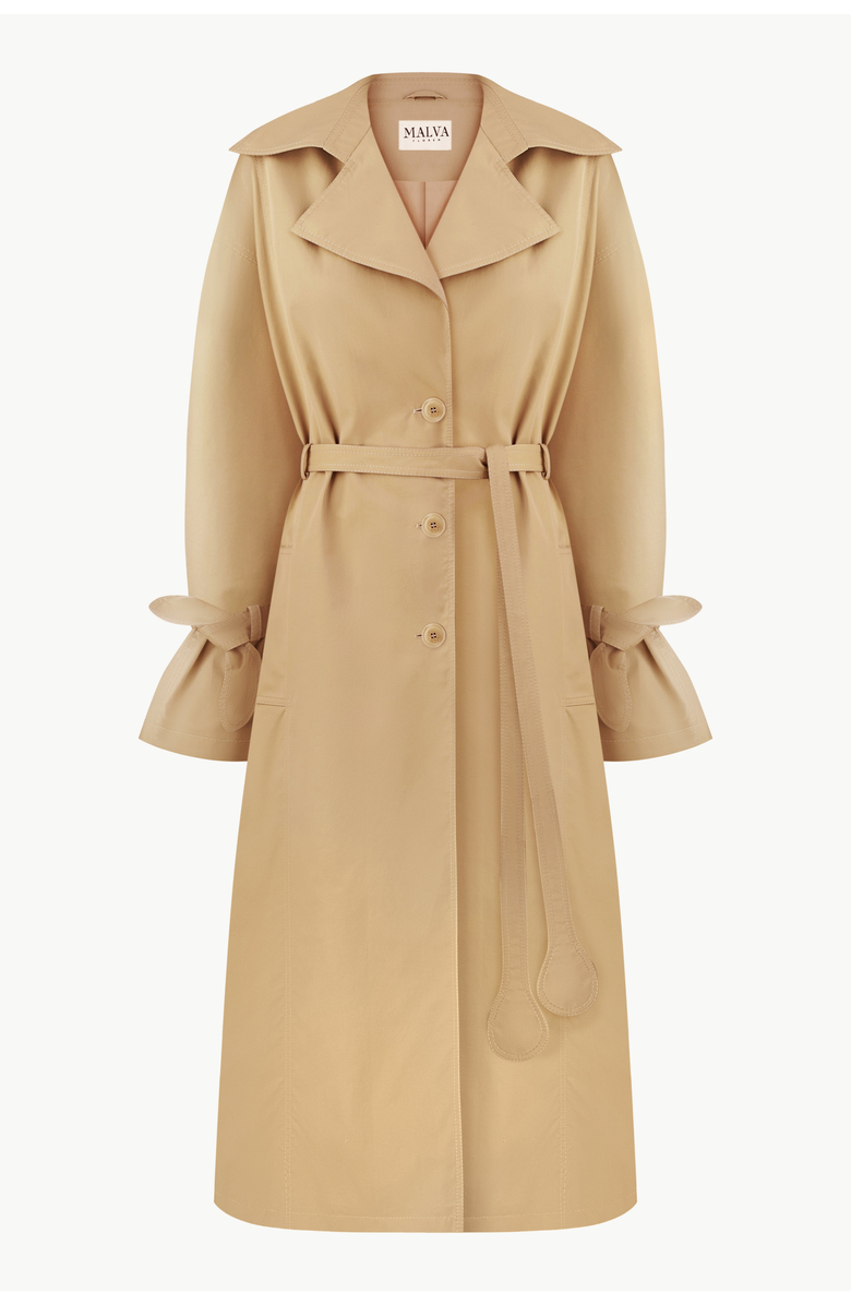 Malva Florea Relaxed Trench Coat With Detachable Scarf and Floral Appliqus, Alternate, color, Beige