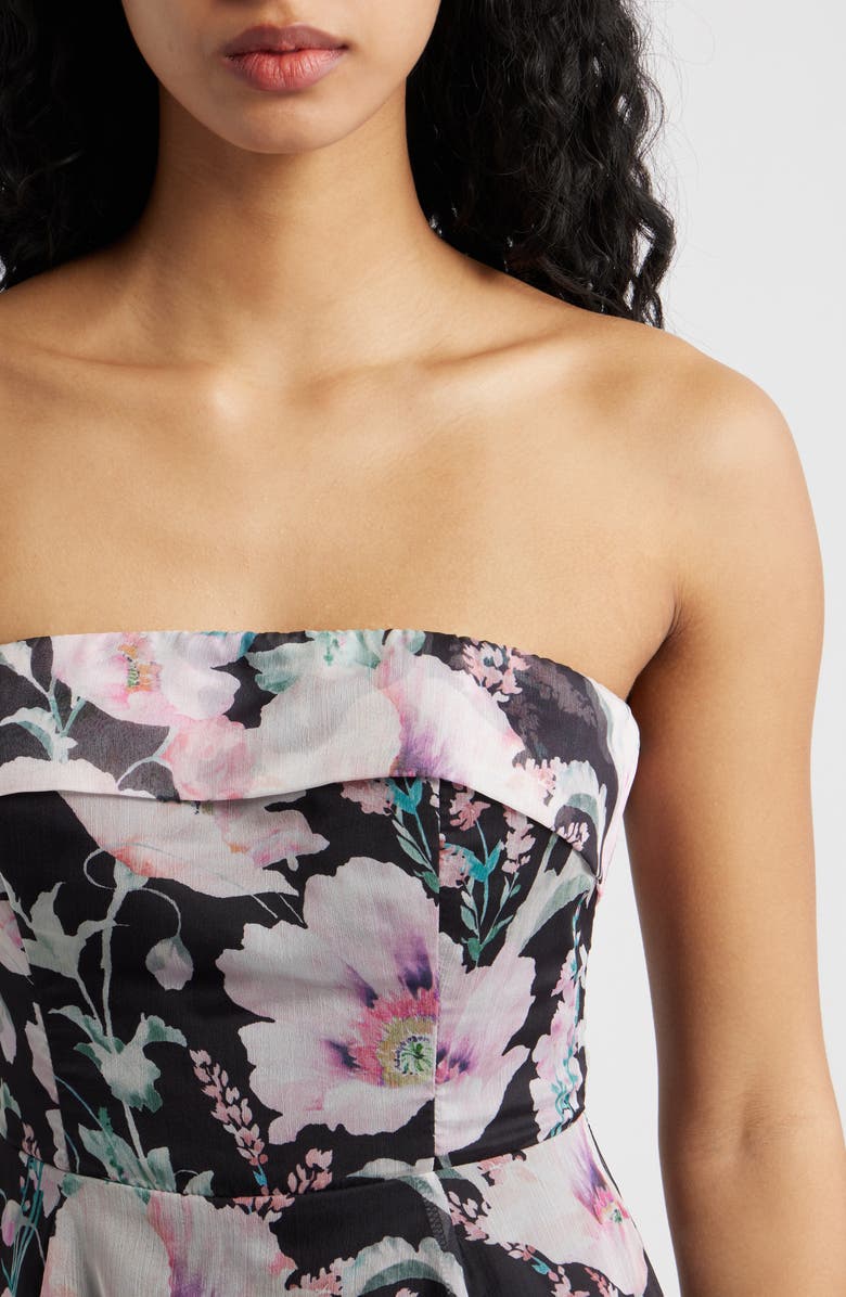 Lulus Elena Floral Strapless Cocktail Midi Dress, Alternate, color, Black Floral