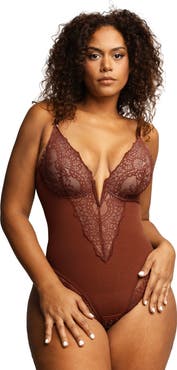 Popilush Plus Size Shapewear Lace Deep V-Neck Sculpting Thong Bodysuit