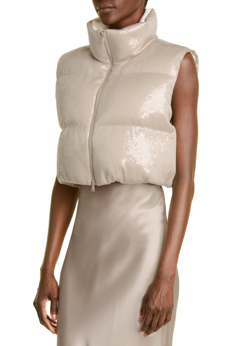 Brunello Cucinelli Dazzling Paillete Crop Down Vest, Alternate, color,