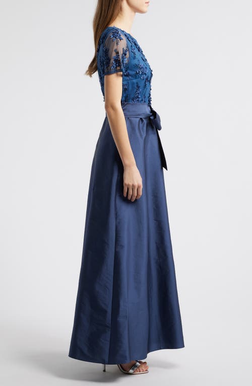 Pisarro Nights 3d Floral Bodice Beaded Gown In Denim
