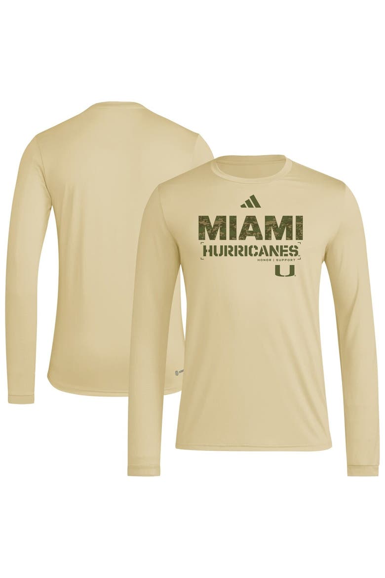 Men's adidas Natural Miami Hurricanes Strategy Pre-Game Long Sleeve T-Shirt, Main, color, Natural