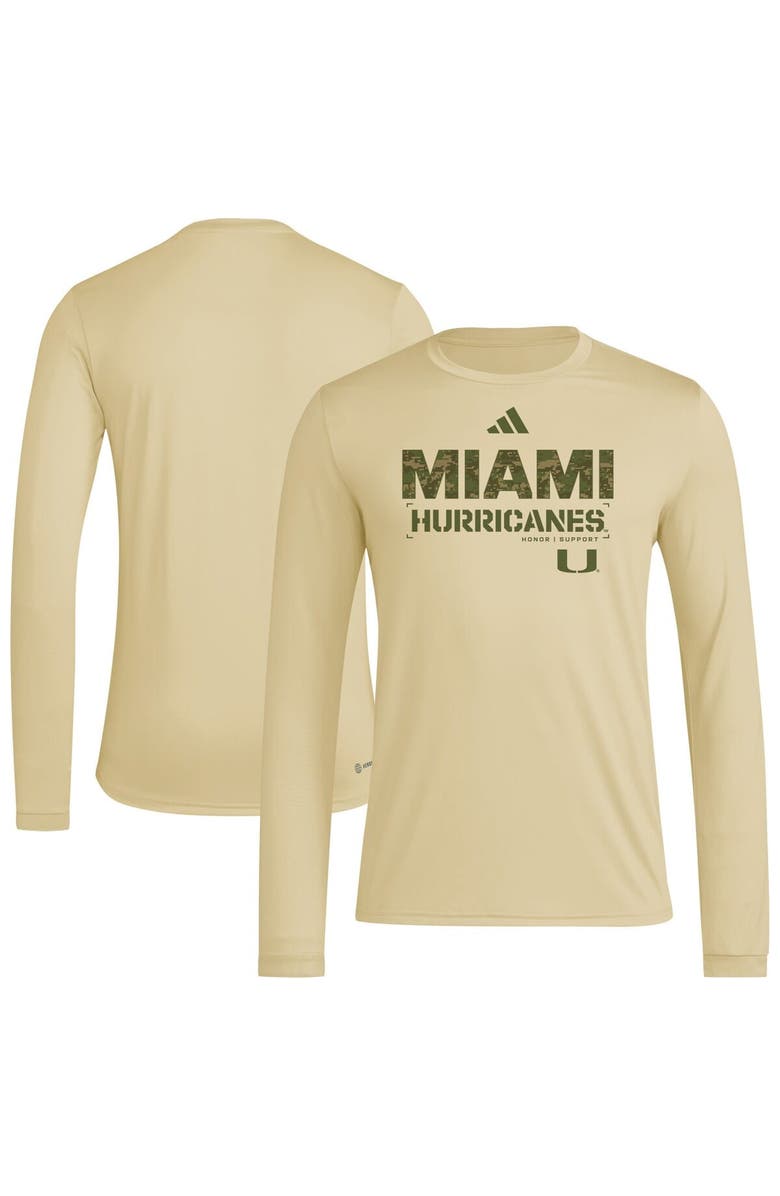 adidas Men's adidas Natural Miami Hurricanes Strategy Pre-Game Long Sleeve T-Shirt, Main, color, Natural