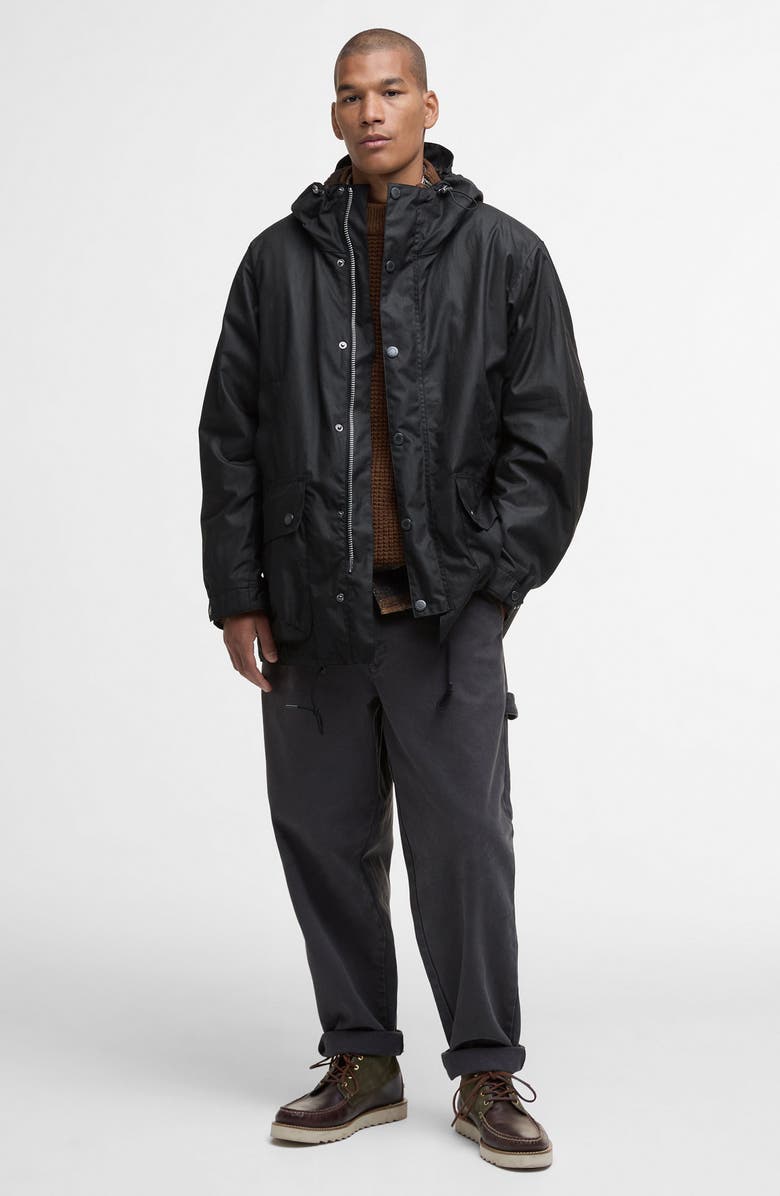 Barbour Tide Hooded Waxed Cotton Jacket, Alternate, color, Black