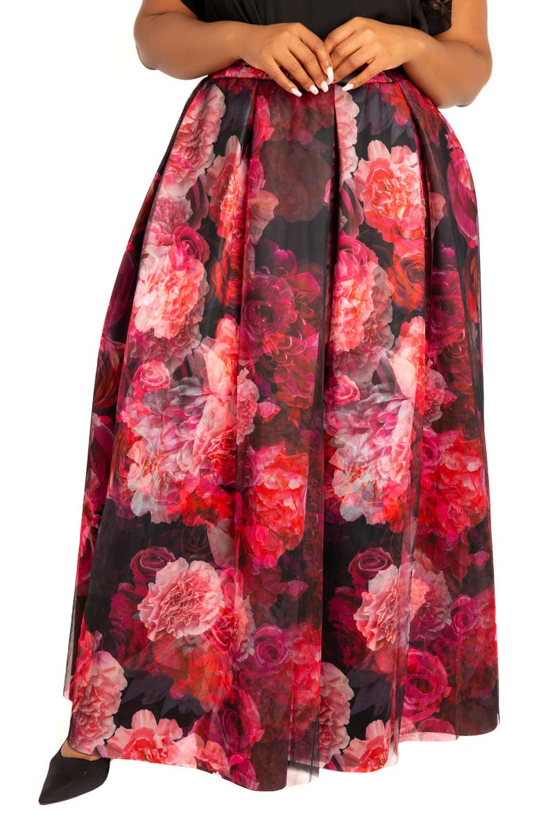 BUXOM COUTURE Floral Print Scuba Knit & Organza Maxi Skirt, Main, color, Black Multi