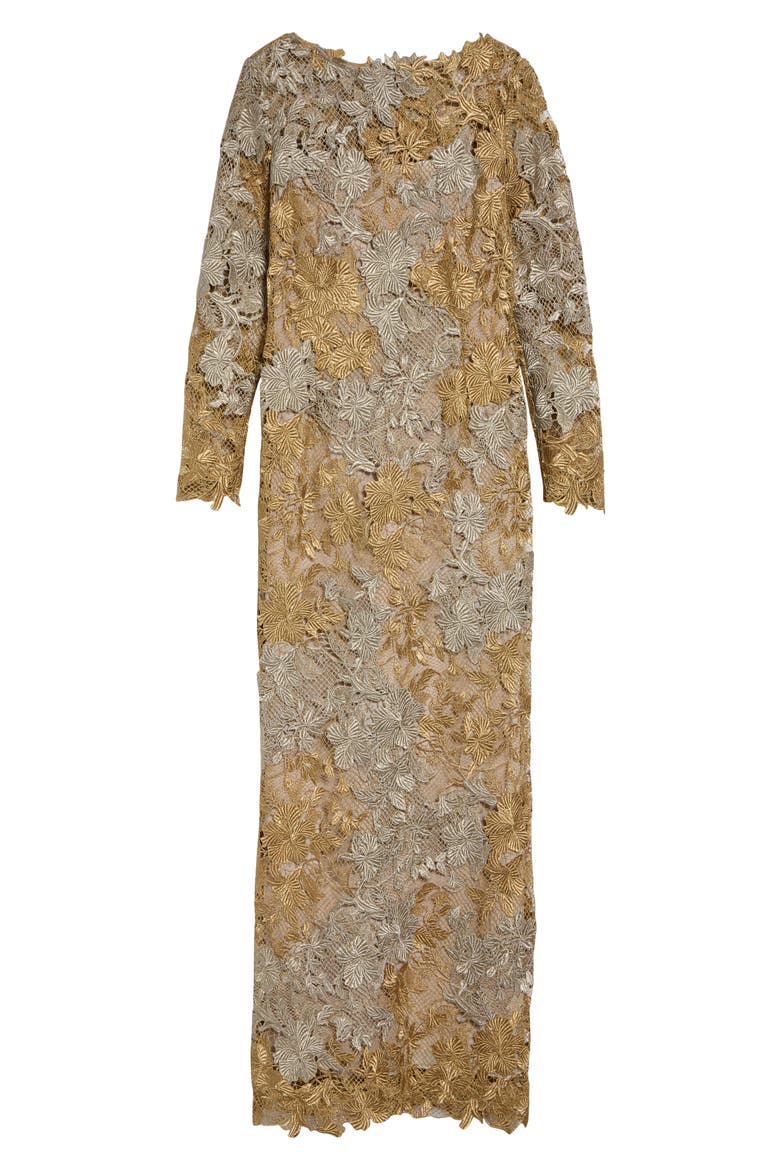 Hibiscus Metallic Long Sleeve Guipure Lace Gown, Alternate, color, GOLD/ WHITE GOLD
