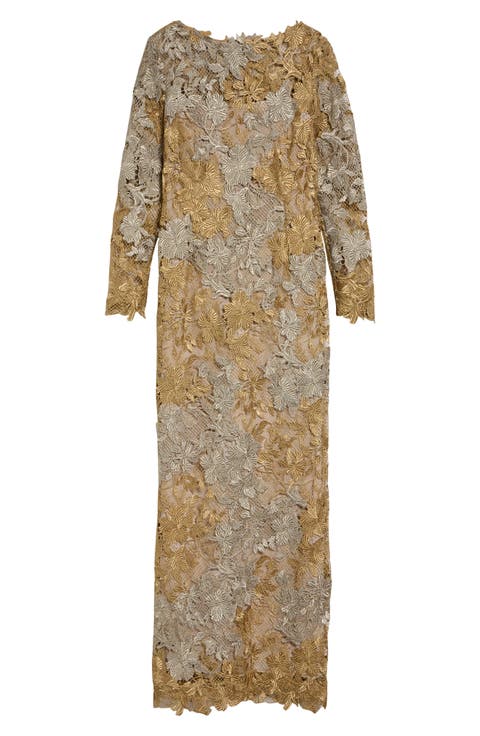 Hibiscus Metallic Long Sleeve Guipure Lace Gown
