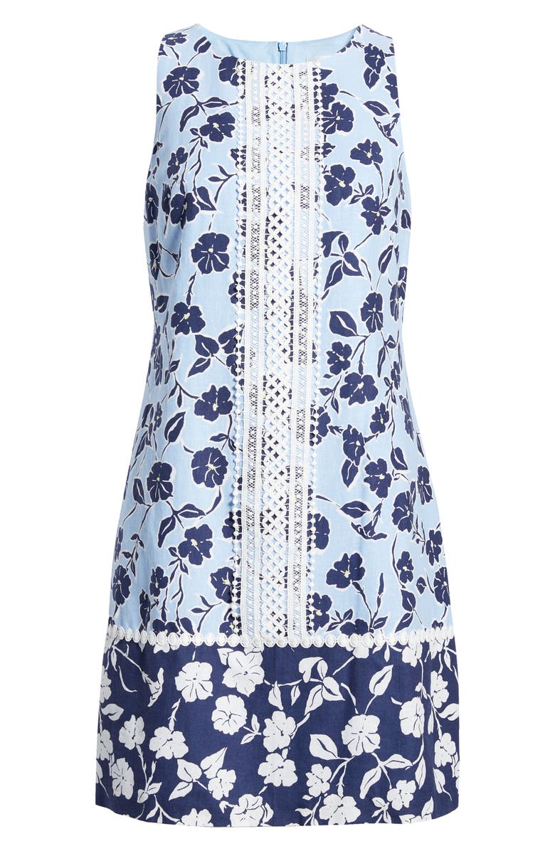 Eliza J Lace Trim Floral Linen Blend Shift Minidress, Alternate, color, Blue