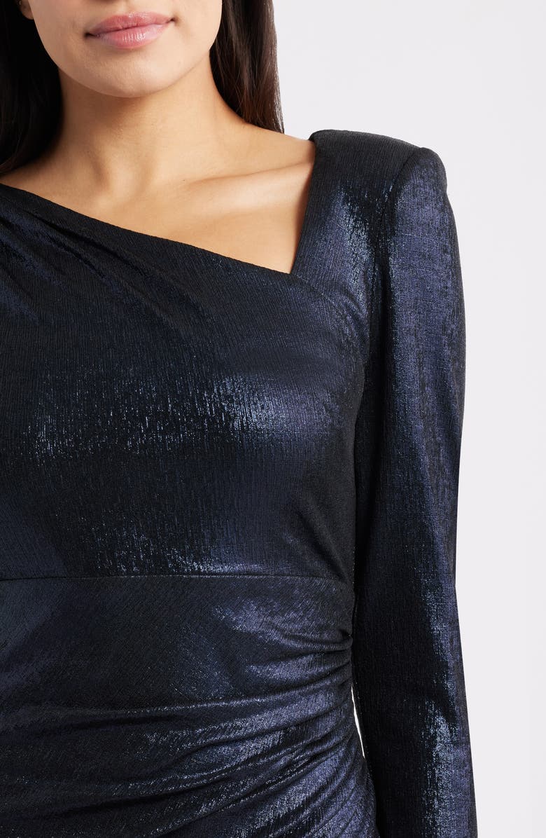 Eliza J Ruched Asymmetric Neck Long Sleeve Maxi Dress, Alternate, color, Navy